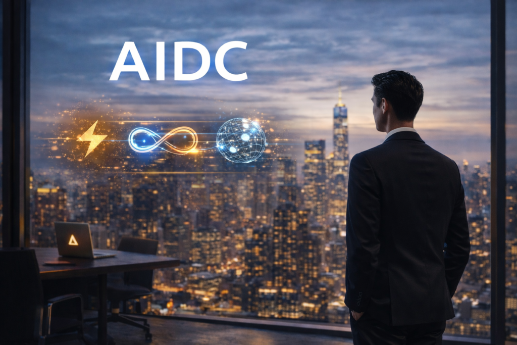 AIDC AI ecosystem with business professional in modern office background showing data, compute and network infrastructure
