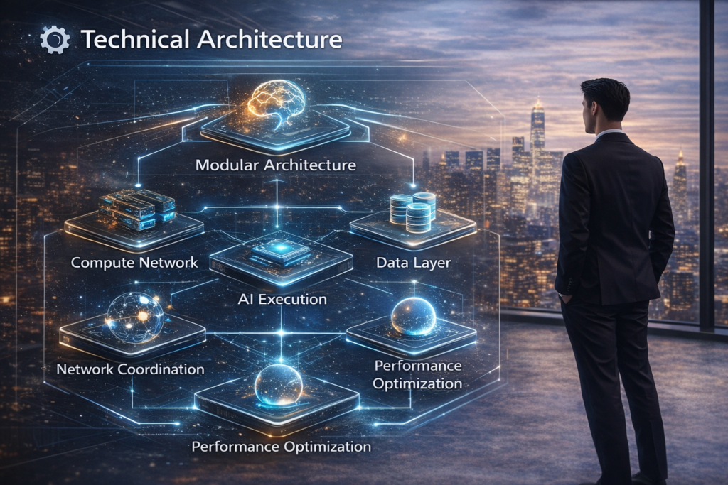 AIDC technical architecture with business professional in modern office showing AI, data and compute network structure