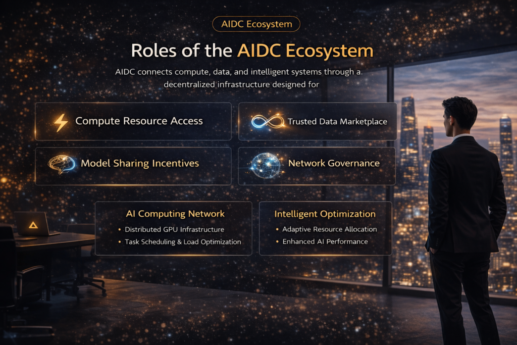 AIDC ecosystem with business professional in modern office background highlighting AI, data and compute infrastructure