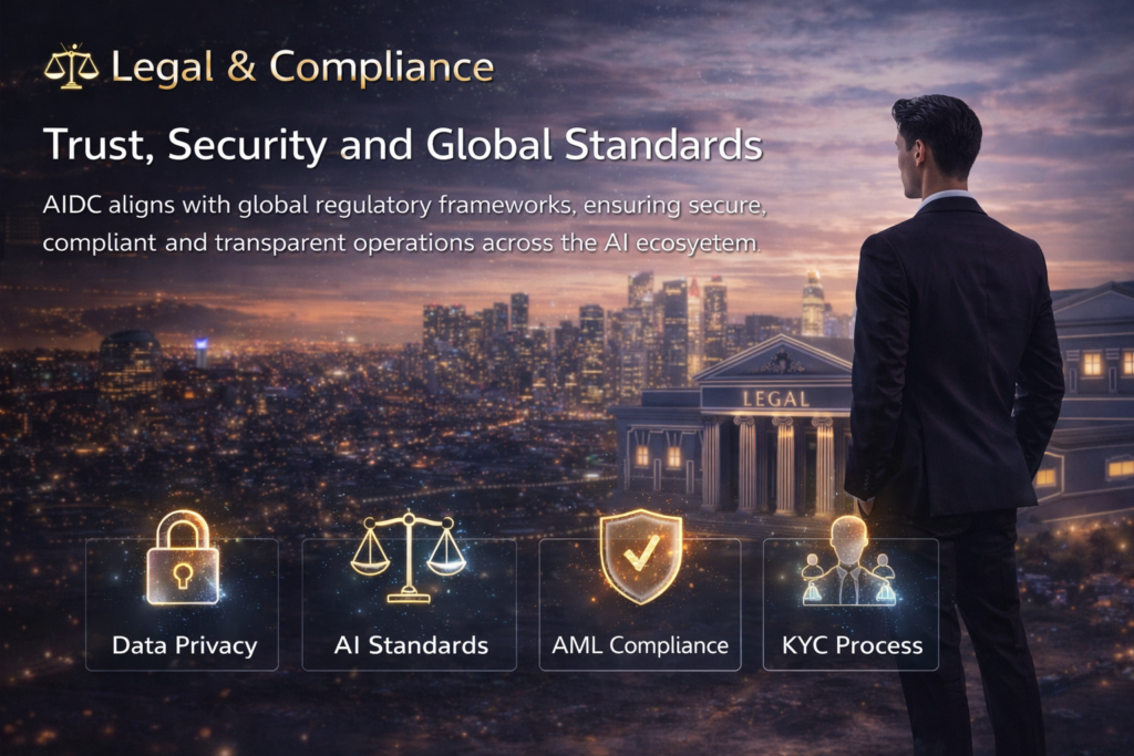 AIDC legal and compliance with business professional in modern office showing data privacy, AI standards and AML KYC framework