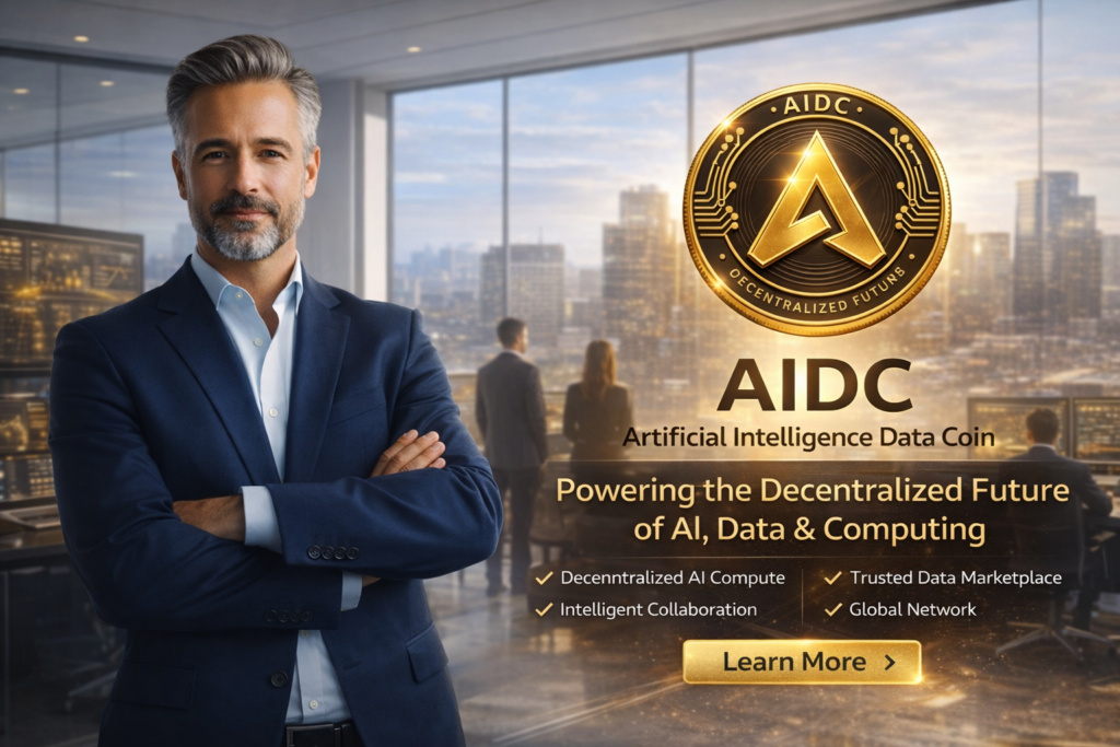 AIDC Artificial Intelligence Data Coin homepage banner with professional businessman in modern office, AI data screens, corporate environment and decentralized computing concept