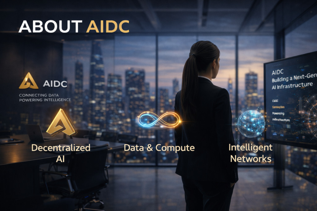 AIDC corporate office with professional woman and modern company background showcasing AI infrastructure, data and compute network