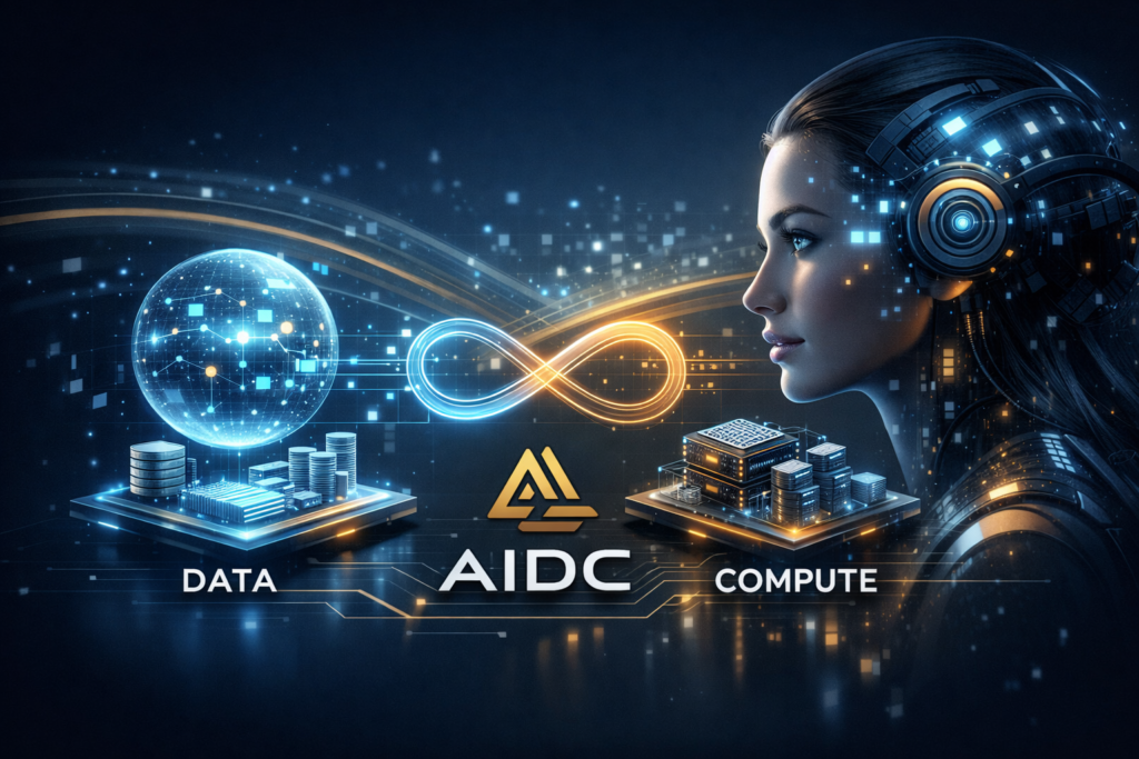 AIDC Artificial Intelligence Data Coin connecting data and compute through AI network with futuristic digital interface and intelligent system visualization