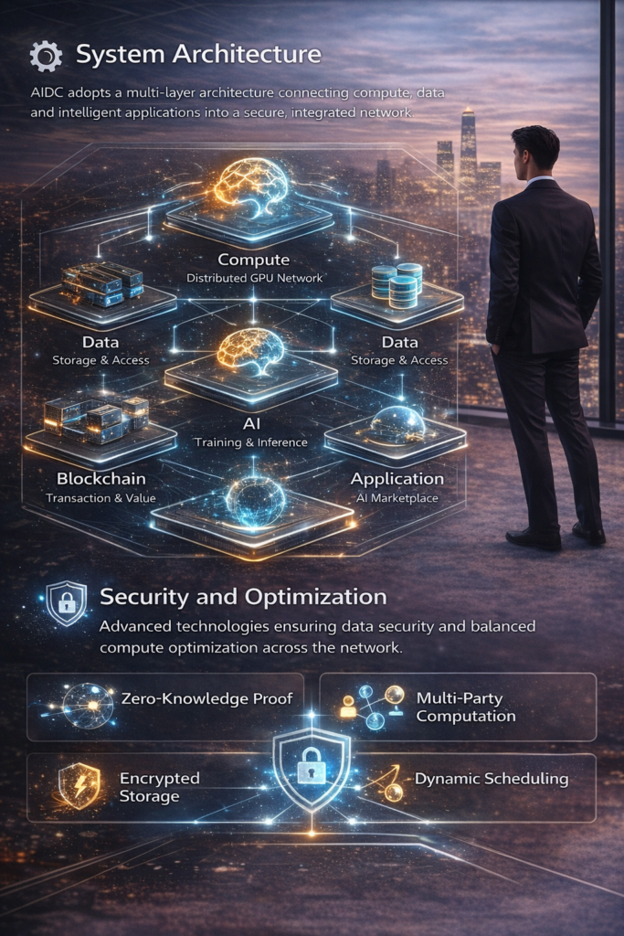 AIDC system architecture with business professional in modern office showing compute, data, AI and blockchain layers
